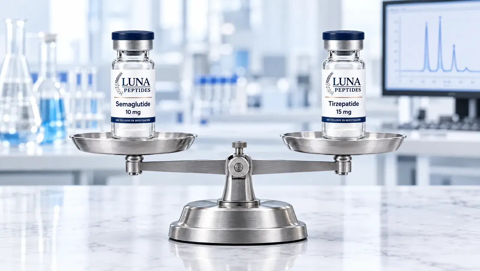 Viales de semaglutida y tirzepatida de Luna Peptides sobre una balanza de laboratorio