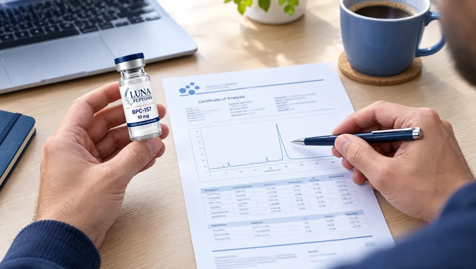 Persona revisando un certificado de análisis junto a un vial de BPC-157 de Luna Peptides