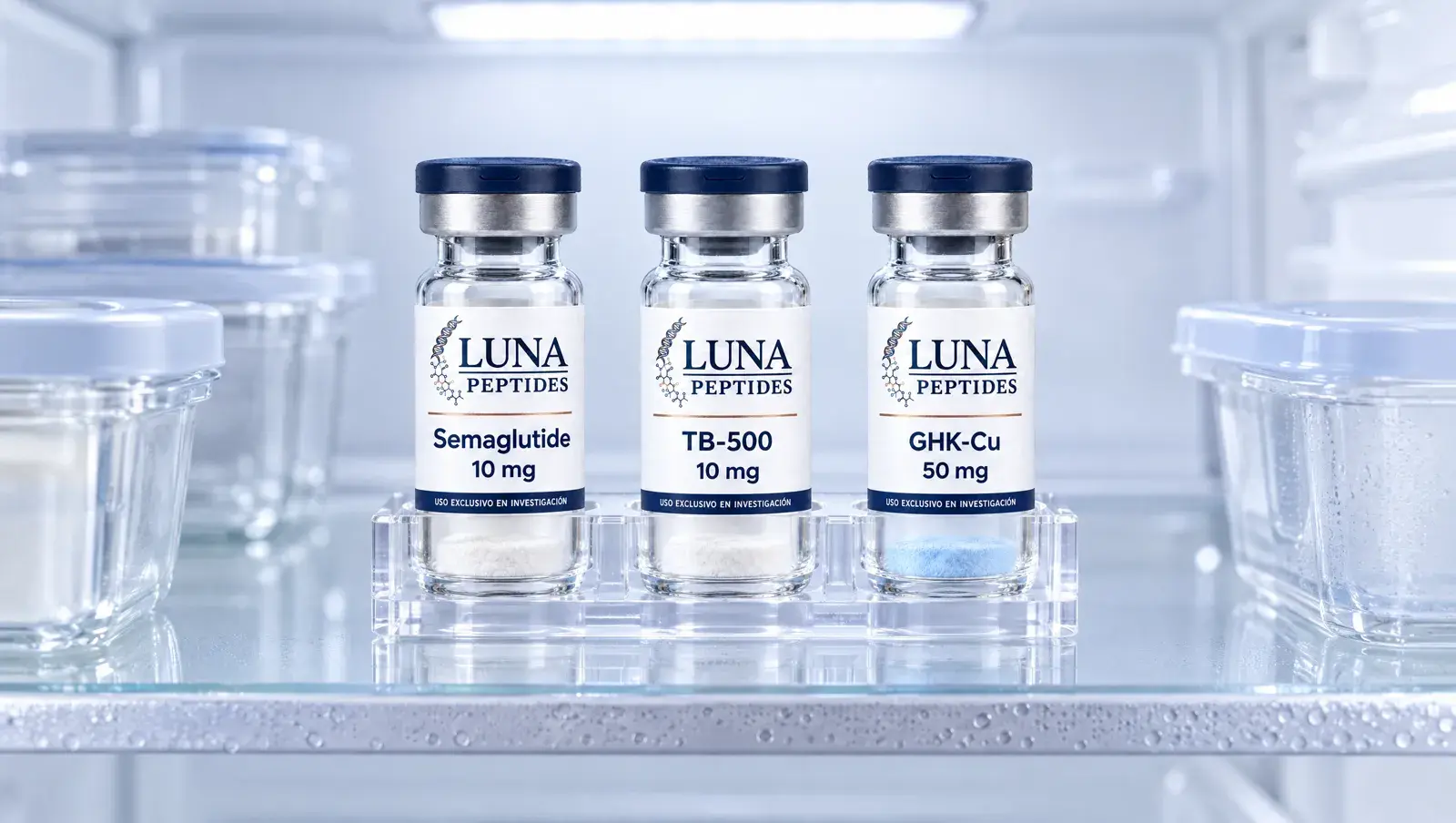 Viales liofilizados de Luna Peptides guardados en refrigeración