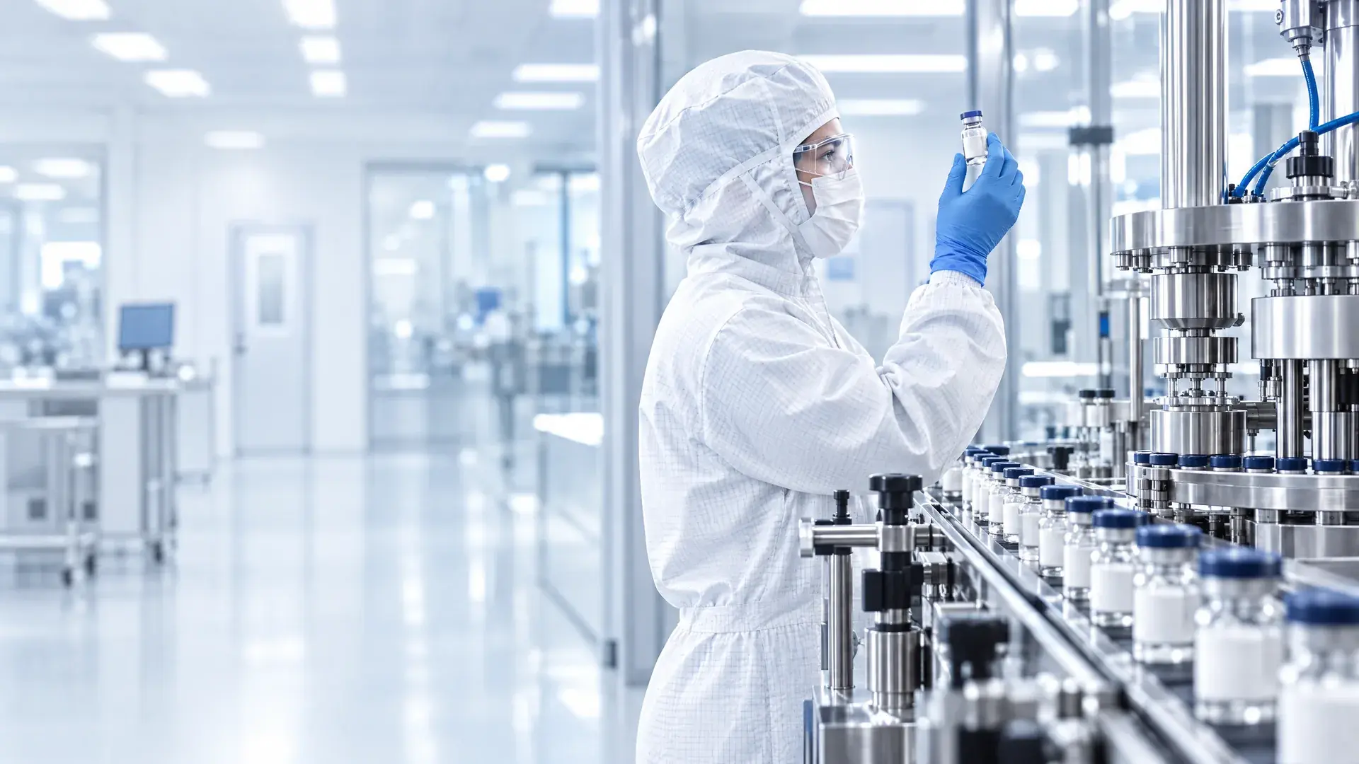 Técnico en sala limpia inspeccionando un vial en la línea de llenado