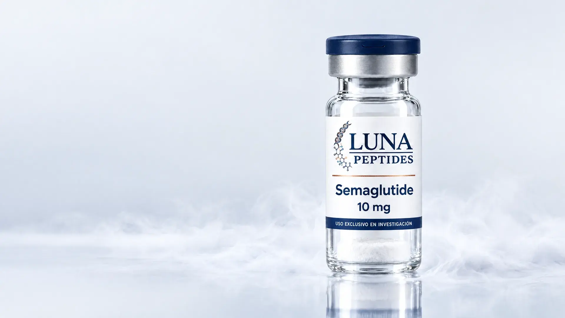 Vial liofilizado de Luna Peptides en vapor frío